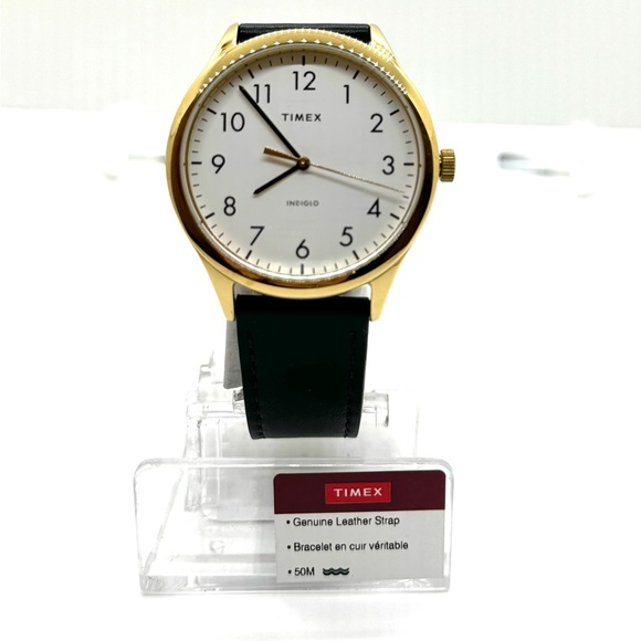 NEW TIMEX MENS GOLD LARGE 40 MM EASY READER ROUND WATCH ON BLACK LEATHER STRAP - Picture 2 of 6